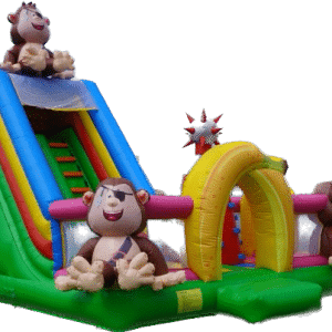 Combo Małpki Dmuchaniec w Megaland - barwna zjeżdżalnia z figury małpek, wielokolorowe ślizgi i tunele, idealne do zabaw dla dzieci, na festyny i eventy rodzinne.