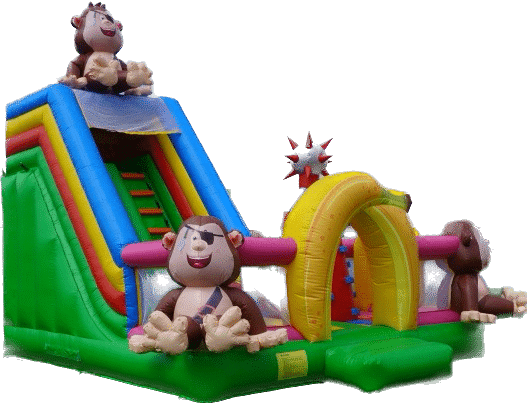 Combo Małpki Dmuchaniec w Megaland - barwna zjeżdżalnia z figury małpek, wielokolorowe ślizgi i tunele, idealne do zabaw dla dzieci, na festyny i eventy rodzinne.