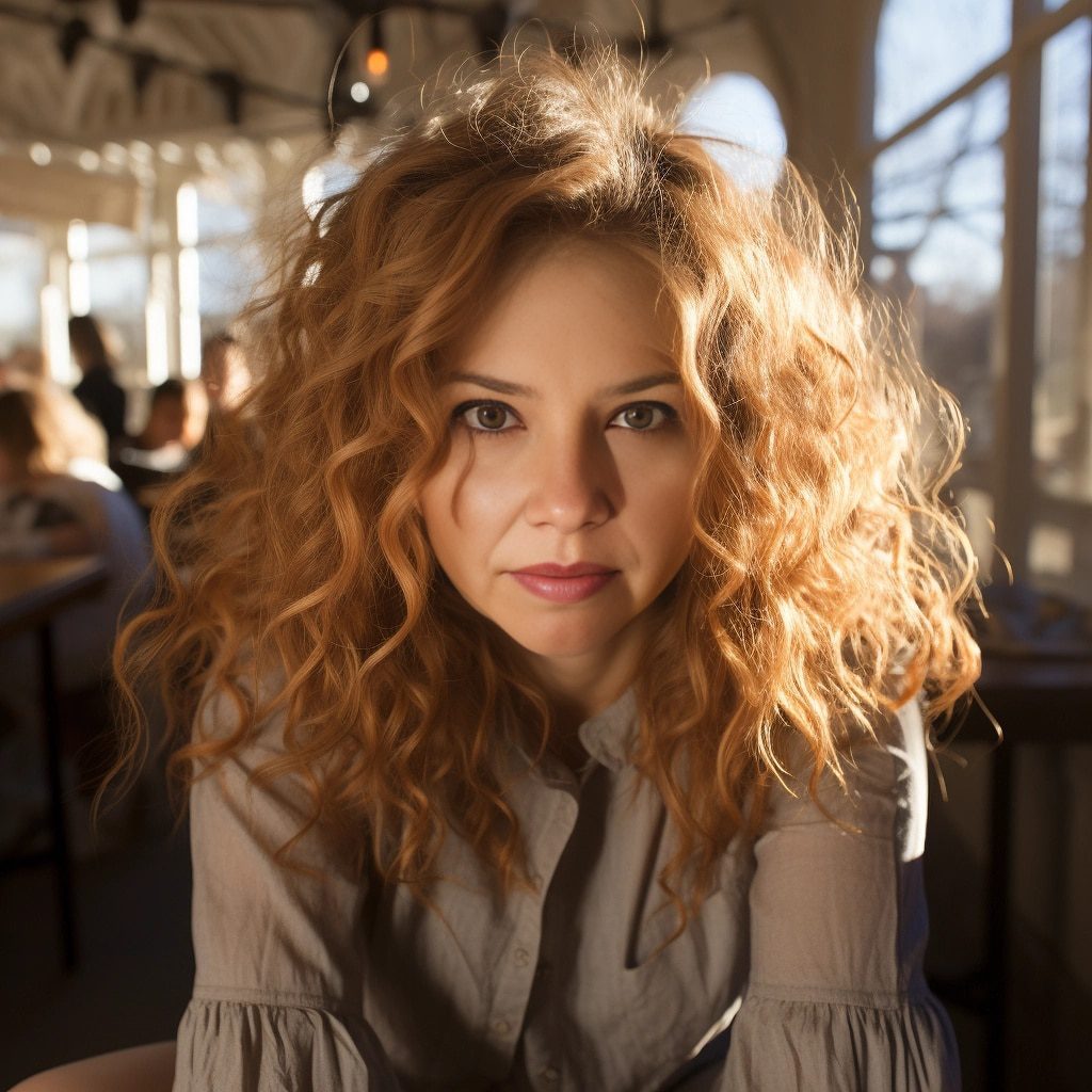 Edyta Szematowicz, właścicielka Megaland, o intensywnym spojrzeniu, z jasnymi, kręconymi włosami, w naturalnym świetle, symbolizująca pasję i zaangażowanie w tworzenie rodzinnej rozrywk