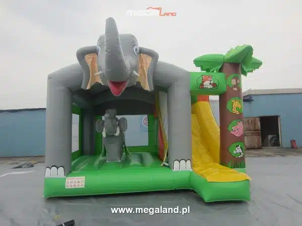 Dmuchany zamek dla dzieci, słoń, zjeżdżalnia, zabawa.