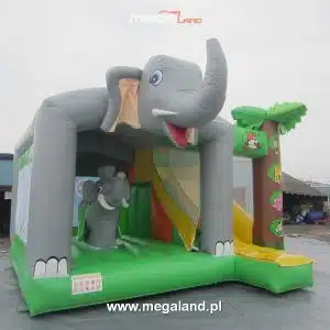 Dmuchany zamek zabaw w kształcie słonia dla dzieci.