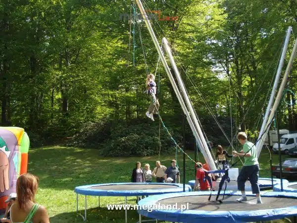 Dziecko skacze na batucie z linami w parku.