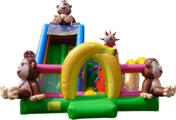Combo Małpki Dmuchaniec w Megaland - dmuchany plac zabaw z różnorodnymi przeszkodami, małpkami na szczycie i kolorowym tunelem, doskonały na aktywną rozrywkę dzieci.