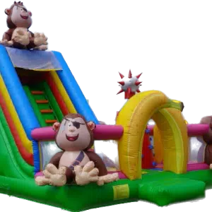 Combo Małpki Dmuchaniec w Megaland - barwna zjeżdżalnia z figury małpek, wielokolorowe ślizgi i tunele, idealne do zabaw dla dzieci, na festyny i eventy rodzinne.