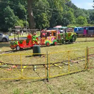 Kolorowa kolejka elektryczna Megaland dla dzieci, z wozem strażackim i traktorem, na tle zielonego parku, idealna na rodzinne wydarzenia i festyny.