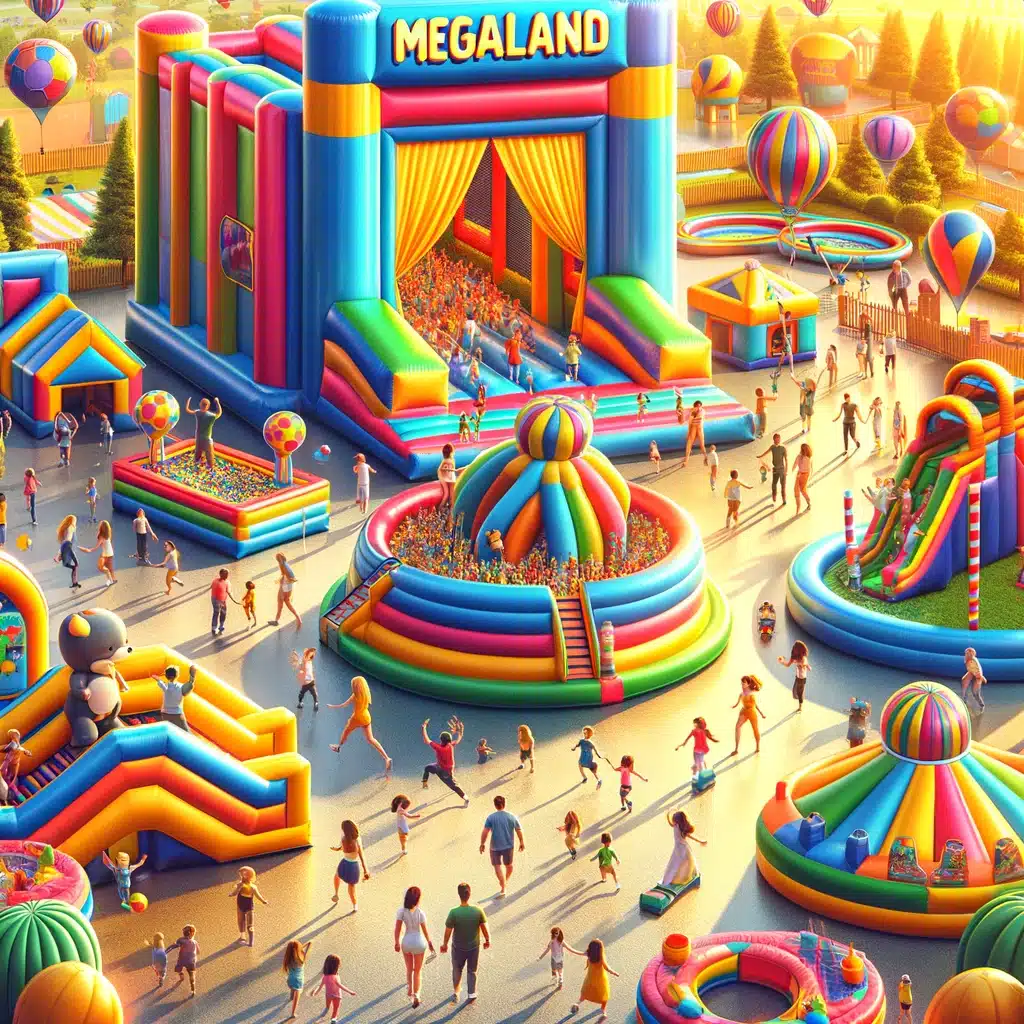 Rodziny bawiące się na kolorowych dmuchanych atrakcjach w Megaland, z akcentem na bezpieczeństwo i różnorodność zabaw na świeżym powietrzu.