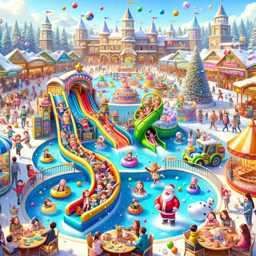 Kolorowy park rozrywki z atrakcjami dla całej rodziny, w tym nadmuchiwane zjeżdżalnie, basen z piłeczkami i spotkania ze Świętym Mikołajem, bez tekstu w obrazie.