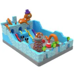 Plac Zabaw Ośmiornica od Megaland - dmuchany plac zabaw z przyjazną ośmiornicą w kapeluszu, zaprojektowany do interaktywnej zabawy i przygód w podwodnym stylu.