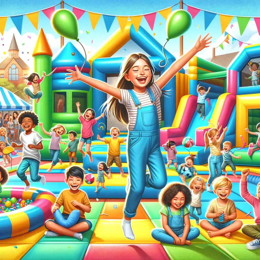 Grupa uśmiechniętych dzieci bawiących się na kolorowych dmuchanych zamkach i zjeżdżalniach, symbolizująca bezpieczną i radosną atmosferę w Megaland.