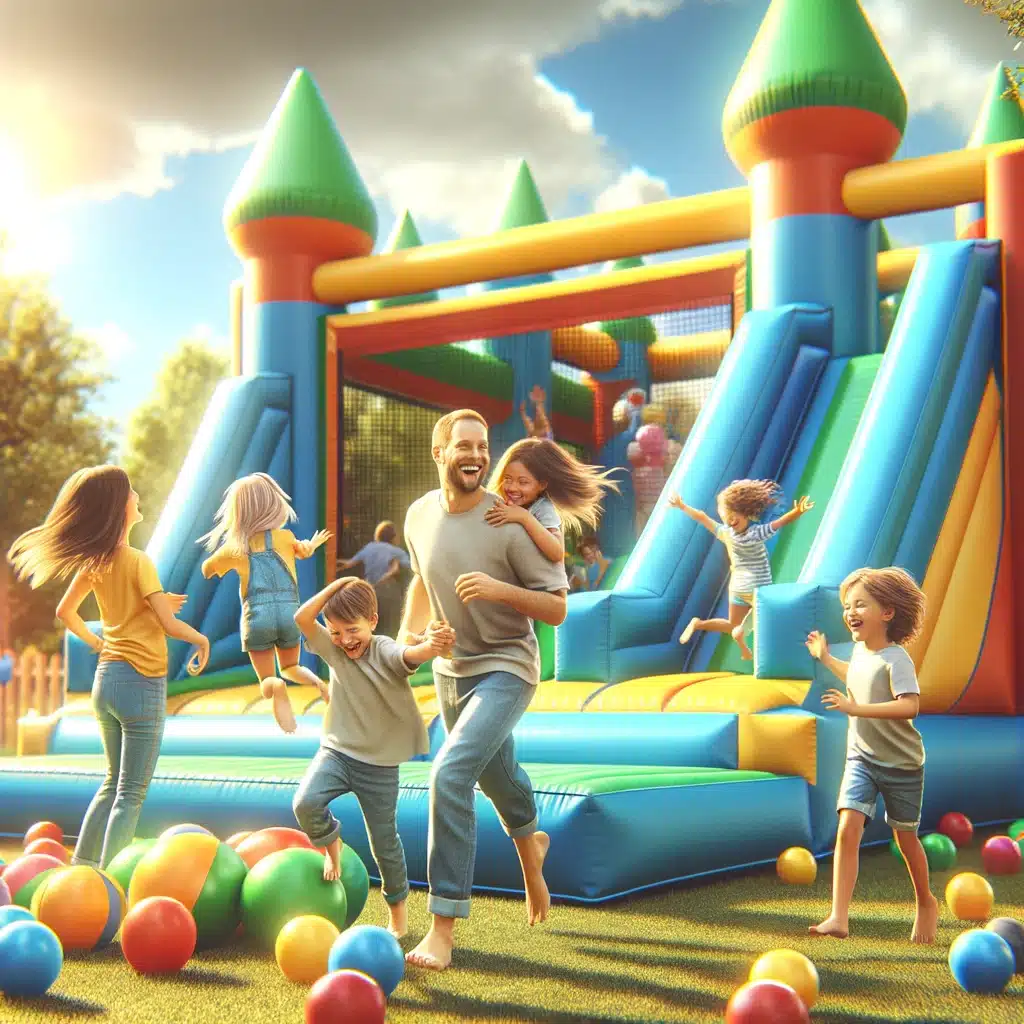 Rodzina bawiąca się razem na kolorowym placu zabaw z dmuchanymi atrakcjami, w tym zjeżdżalniami i basenem z kolorowymi piłkami, na tle słonecznego, zielonego parku.