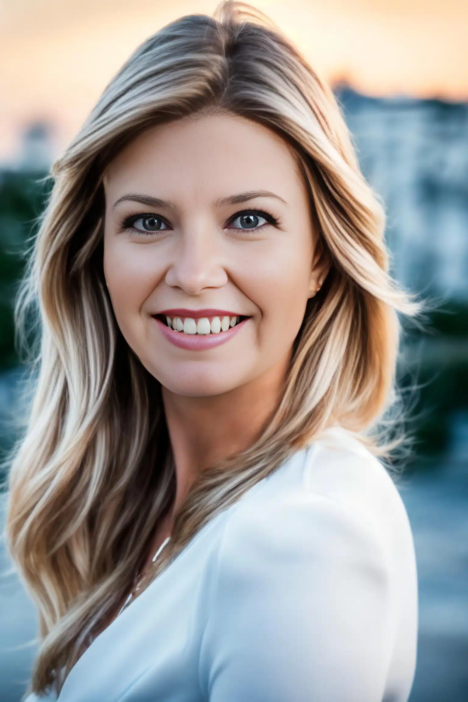 Portret Edyty Szematowicz, współwłaścicielki Megaland, uśmiechnięta kobieta o jasnych blond włosach, w białej bluzce, na tle rozmytego miasta o zachodzie słońca.