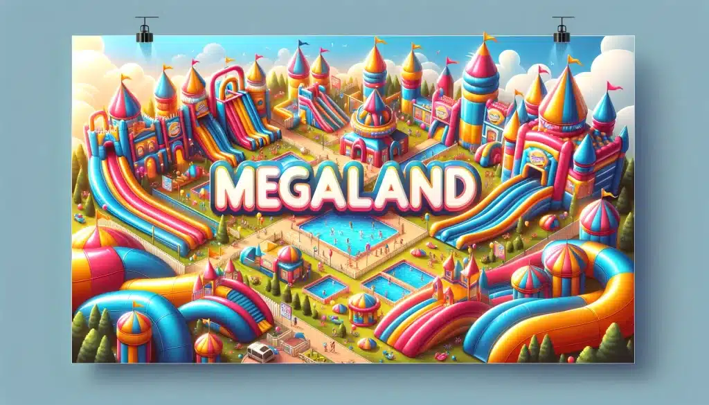 Grafika promocyjna Megaland przedstawiająca kolorowy i pełen radości park rozrywki dla całej rodziny, z dmuchanymi zamkami, zjeżdżalniami i basenami z piłeczkami.